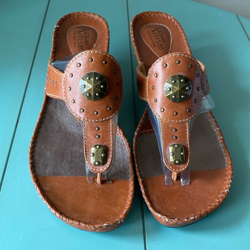 Clarks Artisan British Tan Leather and Gold Studded Sandals